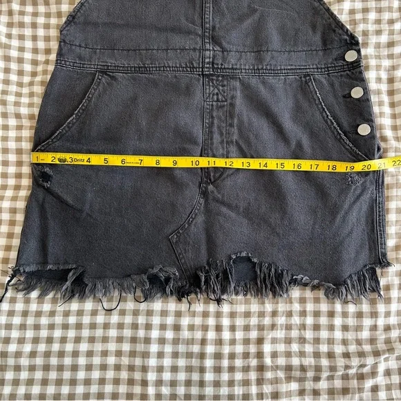 Free People Black Denim Distressed Hem Overall Mini Dress | Size 12 - Picture 9 of 10